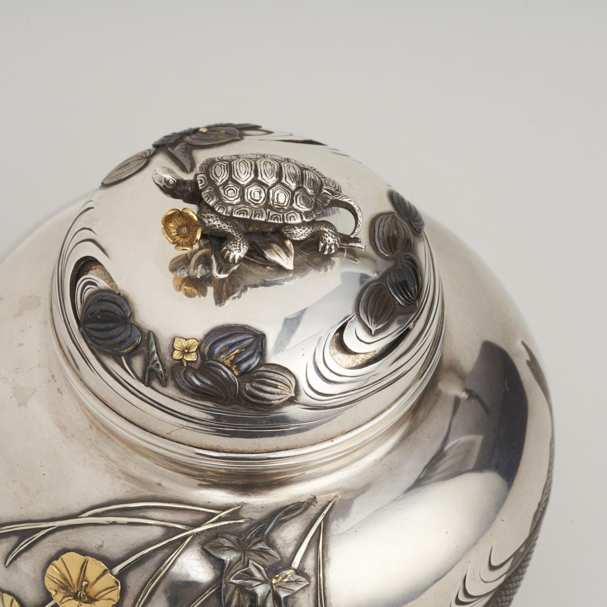 Japanese Meiji Period Silver Koro Decorated With Carp Bada